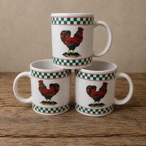 Vintage Farmhouse Rooster Mugs Set of 3 Green Checkerboard Coffee Cups